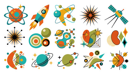 Retro Atomic Age Space Icons: Rockets, Satellites, Planets & Stars © tempe