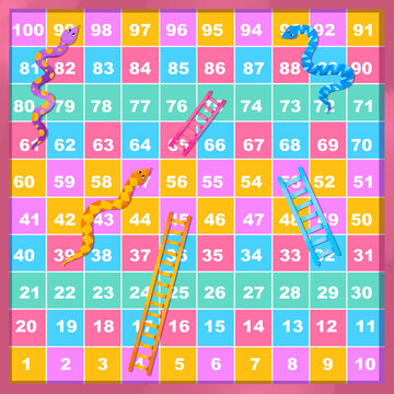 A cute snake and ladder board game illustration for children playing and learning math