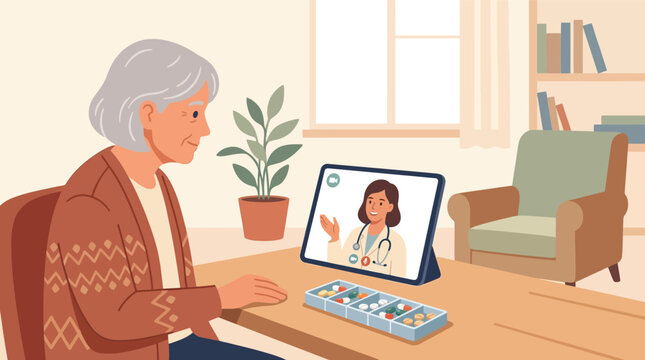 Flat illustration of an elderly woman using a tablet for a telehealth consultation with a female doctor, featuring a weekly pill organizer on a wooden table in a living room background.