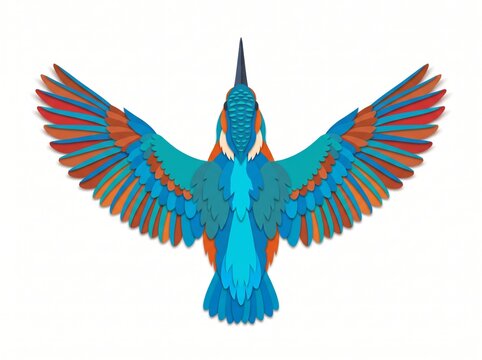 Dynamic kingfisher flying downward with outspread colorful wings illustration