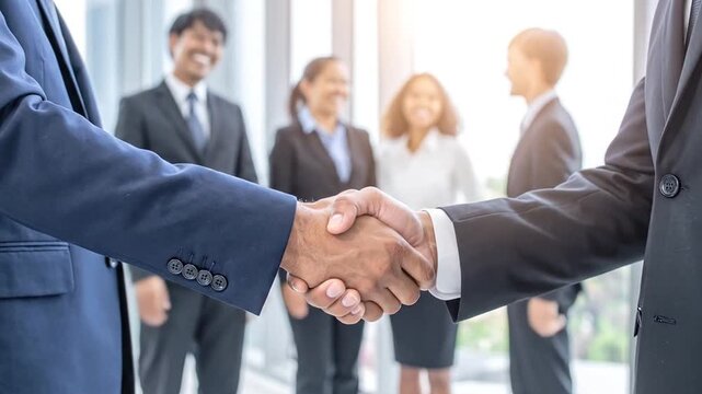 Corporate team meeting with central partnership handshake.