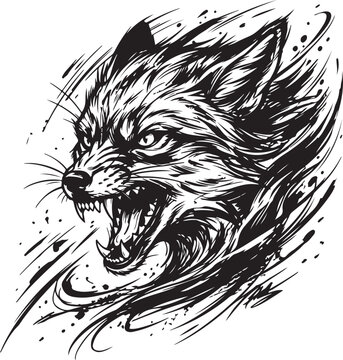 Angry fox head illustration with aggressive expression and sharp teeth in black and white ink sketch style