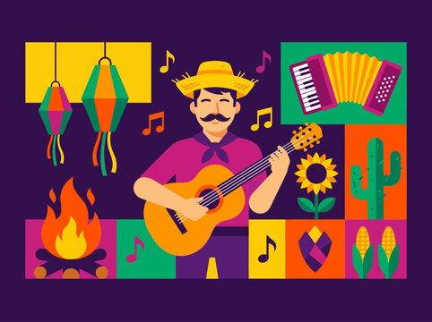 Festa Junina Brazilian Folk Festival Illustration with Man Playing Guitar and Traditional Elements