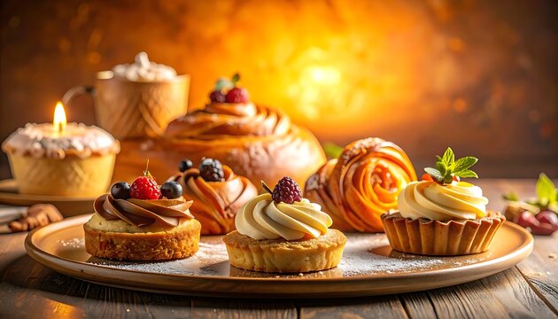 A plate of assorted desserts on a wooden table with a warm background
