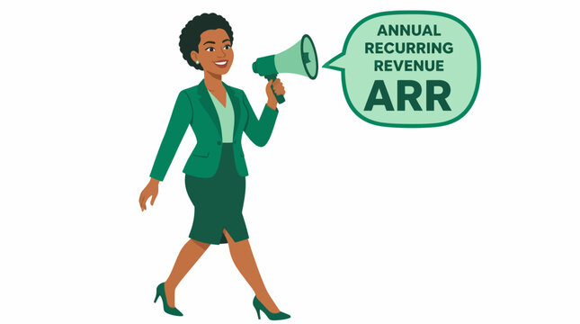 Businesswoman holding megaphone with annual recurring revenue text.