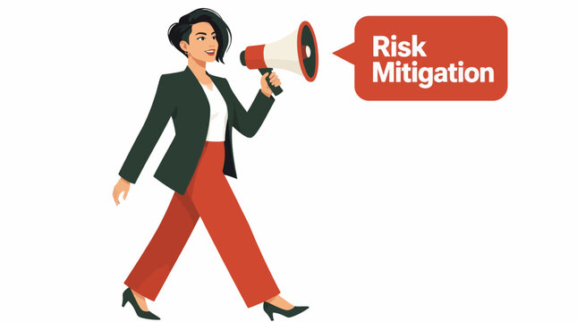 Businesswoman holding megaphone for risk mitigation announcement.