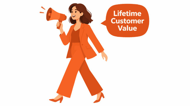Woman with megaphone promoting lifetime customer value concept.