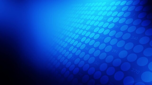 Perspective wide-angle view of a deep blue dynamic dot matrix grid cycling through processing random data values. Great for corporate presentation backgrounds, technology mainframes, and banking data