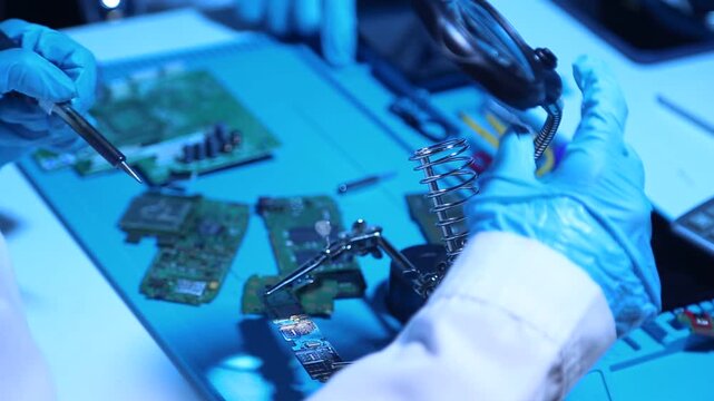 Technician assembling and testing an electronic circuit board in a high tech laboratory, representing semiconductor engineering, electronics manufacturing, precision technology and hardware developmen