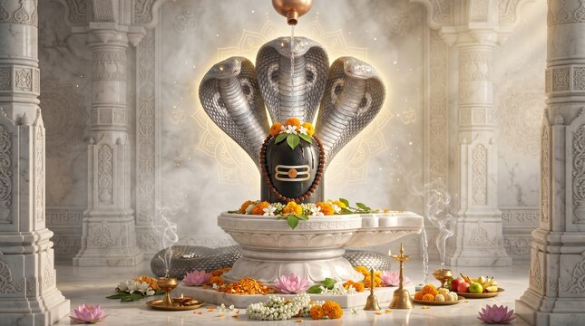 Sacred Shiva Linga with Cobra Ritual Worship in Marble Temple During Nag Panchami Celebration for Spiritual Devotion Art