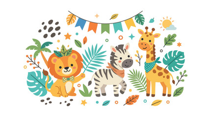 Naklejka premium Cute jungle safari animal vector featuring a lion with bowtie, zebra with scarf, and giraffe with bandana. Tropical leaves, palm tree, sun, and colorful party bunting on white background.