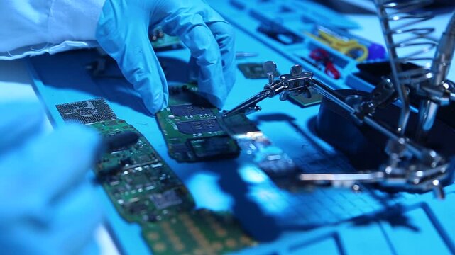 Technician assembling and testing an electronic circuit board in a high tech laboratory, representing semiconductor engineering, electronics manufacturing, precision technology and hardware developmen