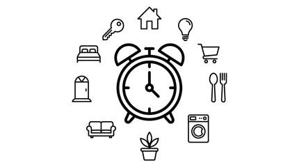 Fototapeta premium Alarm clock surrounded by daily household routine icons.