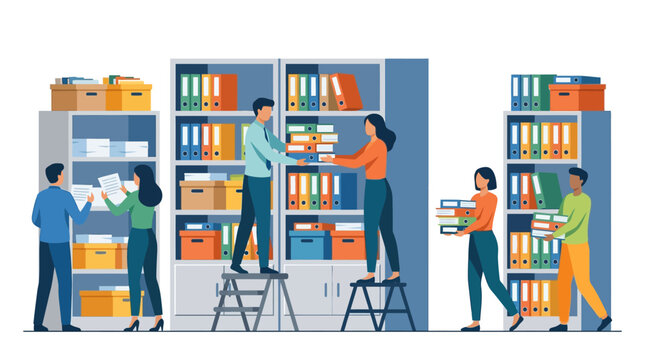 Flat vector illustration of office workers organizing documents and colorful binders on tall metal storage shelves in a professional archive room or warehouse setting.