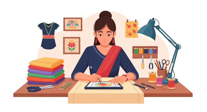 Vector illustration of a woman artisan in traditional attire using a digital tablet for textile design at a workspace with fabric stacks, thread spools, scissors, and desk lamp.