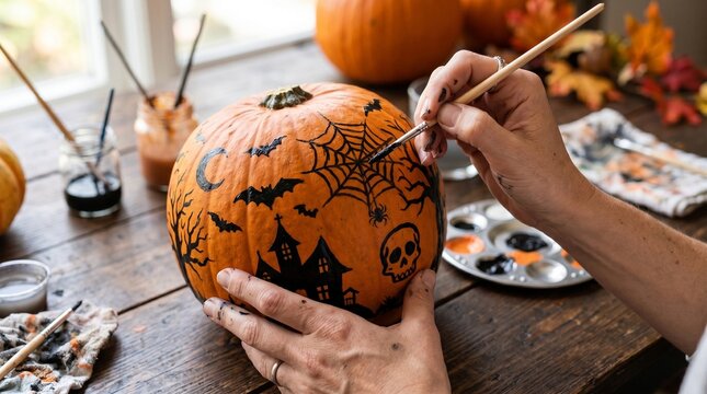 Person painting Halloween decorations on a pumpkin with black paint