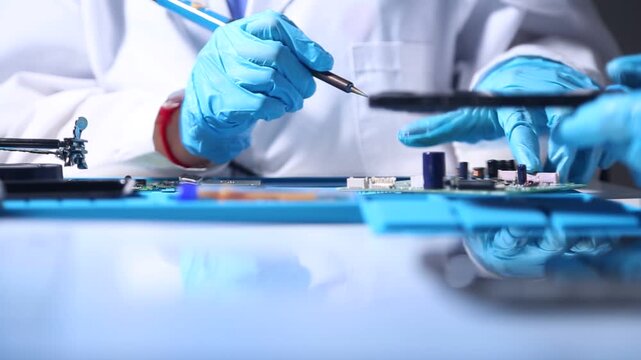 Technician assembling and testing an electronic circuit board in a high tech laboratory, representing semiconductor engineering, electronics manufacturing, precision technology and hardware developmen