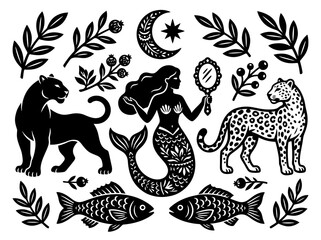 Celestial Folk Art Collection with Mermaid, Wild Cats, and Botanical Elements © Leos