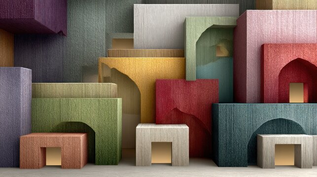 A colorful, textured abstract of cuboid forms arranged like a whimsical architectural display