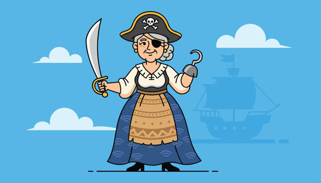 Courageous elderly female pirate captain wielding a sharp cutlass sword and a steel hook stands proudly before her sailing vessel.