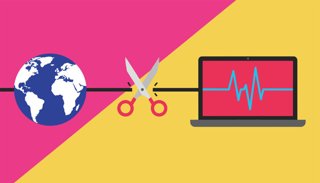 Conceptual flat design illustration of red scissors cutting the connection wire between a blue earth globe and a laptop computer.