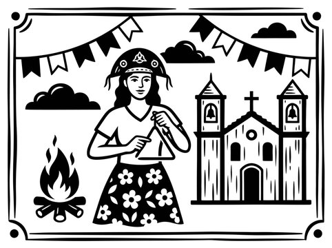 Cordel Style Festa Junina Illustration with Woman Playing Triangle
