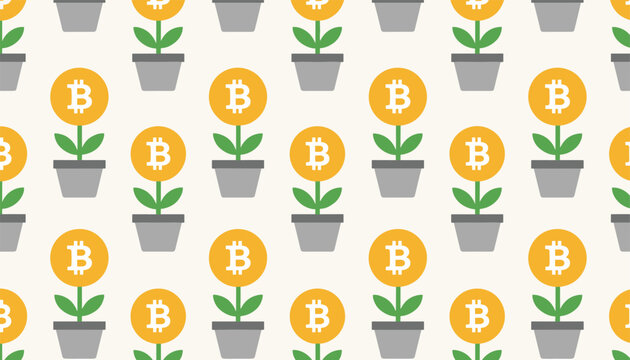 Creative seamless pattern showing golden bitcoin coins growing as flowers in grey pots, symbolizing cryptocurrency growth and wealth.