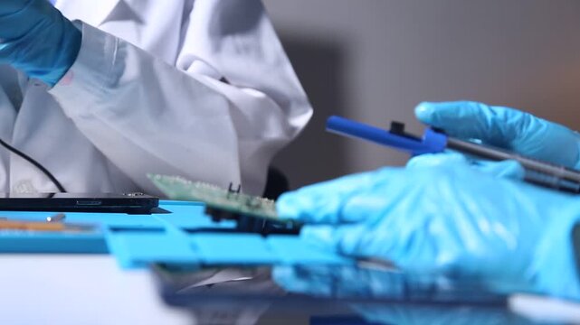 Technician assembling and testing an electronic circuit board in a high tech laboratory, representing semiconductor engineering, electronics manufacturing, precision technology and hardware developmen