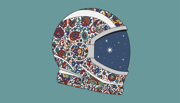 Detailed space astronaut helmet decorated with traditional floral pattern and starry night visor on a teal background.
