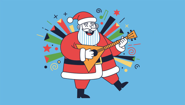 Joyful Santa Claus in traditional red suit playing a Russian balalaika with festive colorful explosions around him.