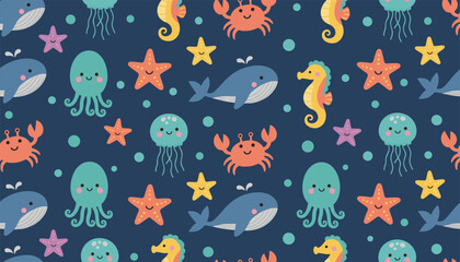 Naklejka premium Seamless child pattern of cute marine animals including blue whales, green octopuses, crabs, and seahorses on blue.