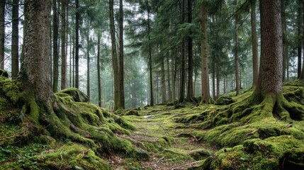Fototapeta premium Lush Green Forest Pathway Surrounded by Tall Trees and Vibrant Moss in a Serene Woodland Landscape on a Foggy Day