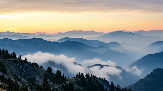 Breathtaking panoramic view of the olympic mountains in washington state at sunrise, featuring layers of misty blue mountain ridges fading into a soft, golden, and orange horizon sky