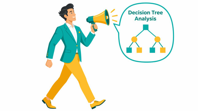 Businessman holding megaphone with decision tree analysis icon.