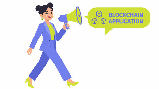 Woman in blue suit holding megaphone for blockchain announcement.