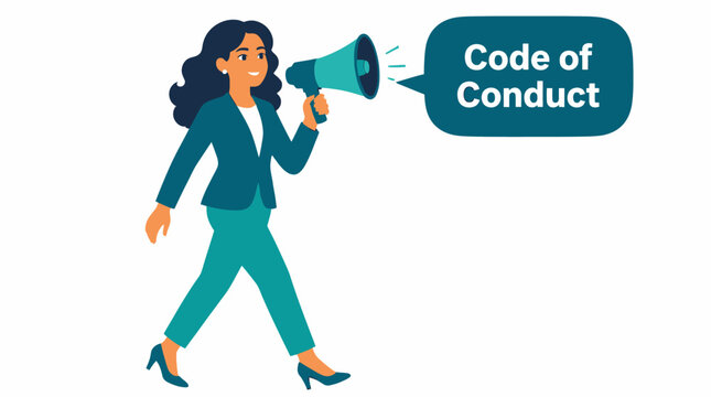 Businesswoman announcing code of conduct with megaphone.