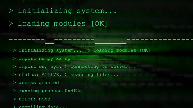 Hacker terminal screen scrolling commands with access granted text animation