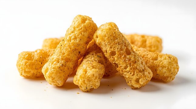 A close-up shot of a pile of golden, crunchy corn puff snacks on a clean white background, showcasing their textured surface and savory appeal.