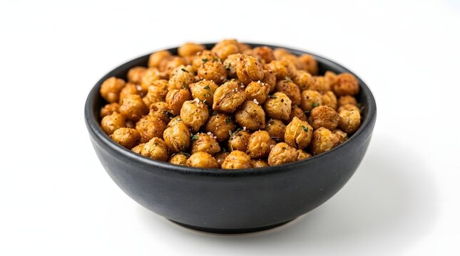 A black bowl filled with crispy, seasoned roasted chickpeas on a white background, ready for a healthy snack.
