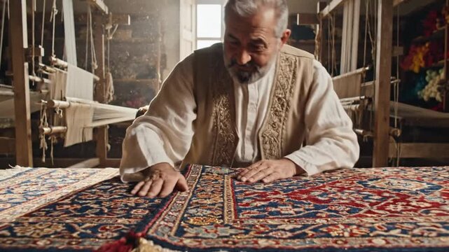 Elderly Artisan Handcrafting Intricate Persian Carpet in Traditional Workshop with Loom and Colorful Threads, Cultural Heritage Craftsmanship