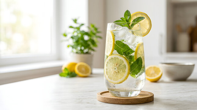 Refreshing lemonade with mint and lemon slices in a tall glass