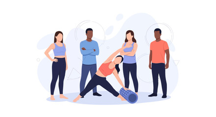 Fototapeta premium Diverse group of people in a fitness class, one person demonstrates yoga pose with foam roller, others observe
