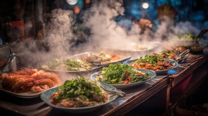 Obraz premium Delicious and Colorful Seafood Dishes with Fresh Greens Steaming in a Vibrant Restaurant Environment at Night