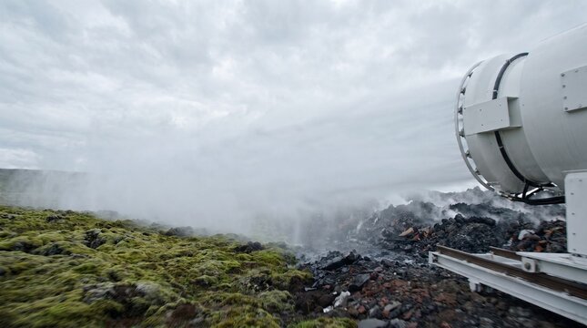 Heavy Industrial Water Mist Cannon Blowing High Pressure Dust Suppression Spray Over Mossy Landscape