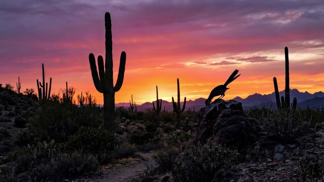 Roadrunner bird sits on rock in Arizona desert with saguaro cacti silhouetted against vibrant colorful sunset sky.