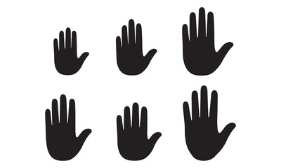 Fototapeta premium Set of six black hand silhouettes in different sizes, symbolizing communication and gesture, isolated.