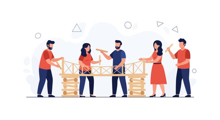 Fototapeta premium Diverse team building a bridge together, symbolizing collaboration, teamwork, and achieving goals