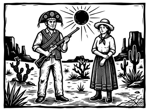 Brazilian Cangaceiro and Woman Woodcut Illustration in Sert&atilde;o Desert