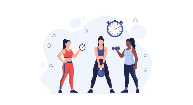 Diverse women exercising together, promoting fitness, health, and strength training with weights and timers.
