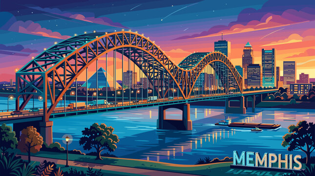 Memphis Skyline with Sunset Over Arch Bridge and Downtown Buildings